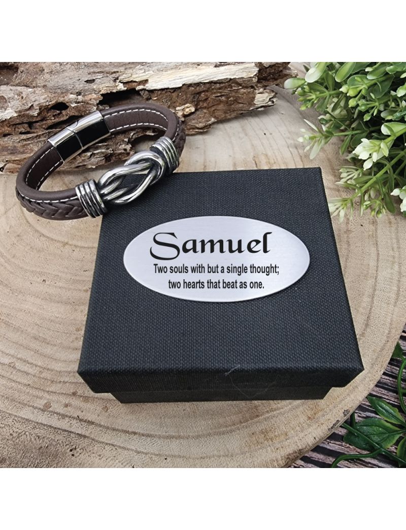 Brown Leather Hand-woven Bracelet  In Gift Box