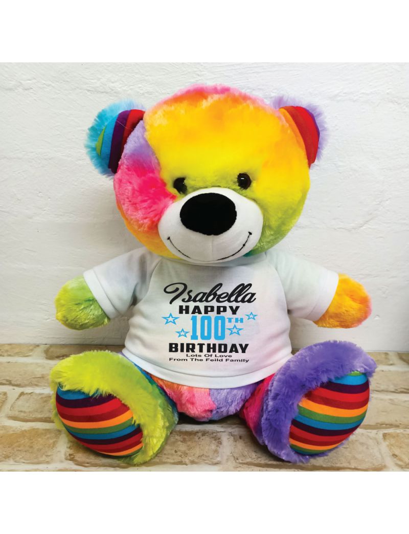 Personalised 100th Birthday Bear Rainbow 40cm