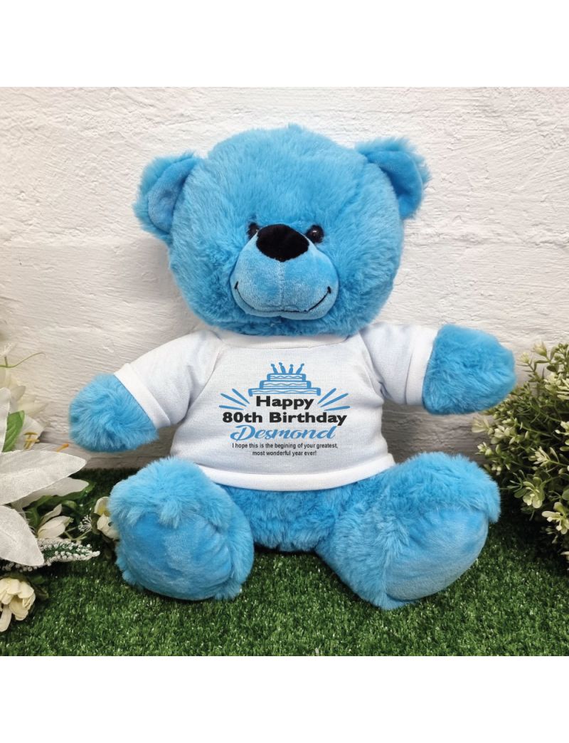 80th Birthday party Bear Bright Blue Plush 30cm
