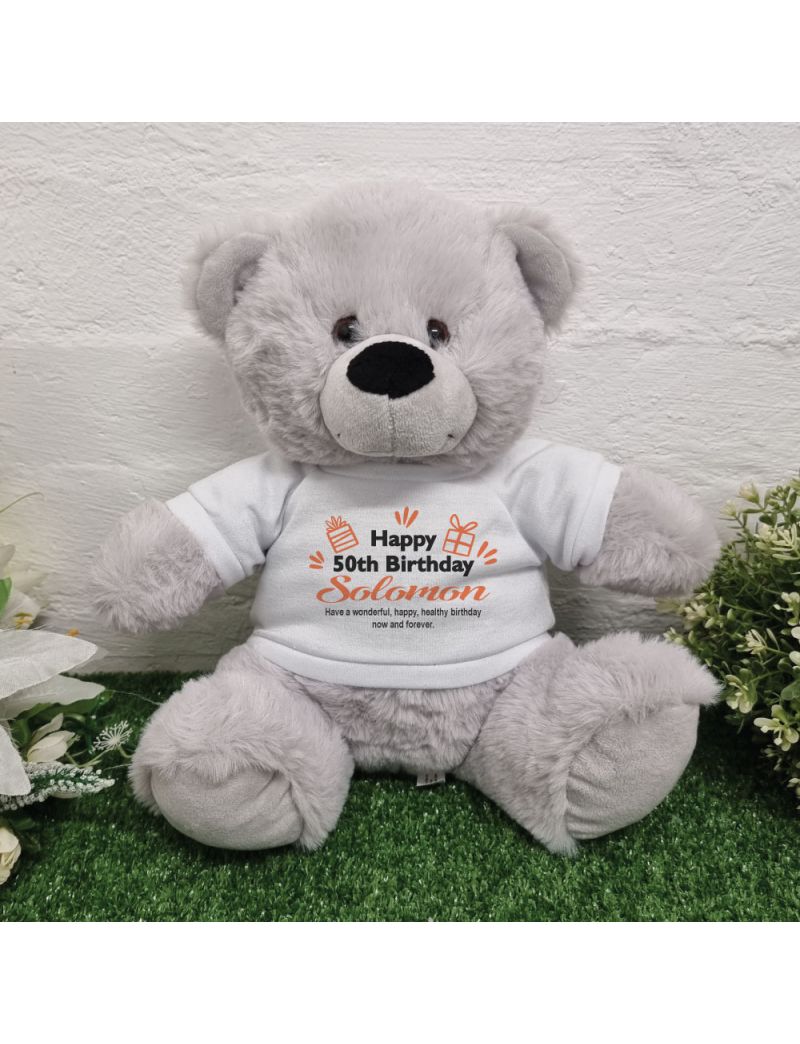 Personalised 50th Birthday Bear Grey Plush 30cm