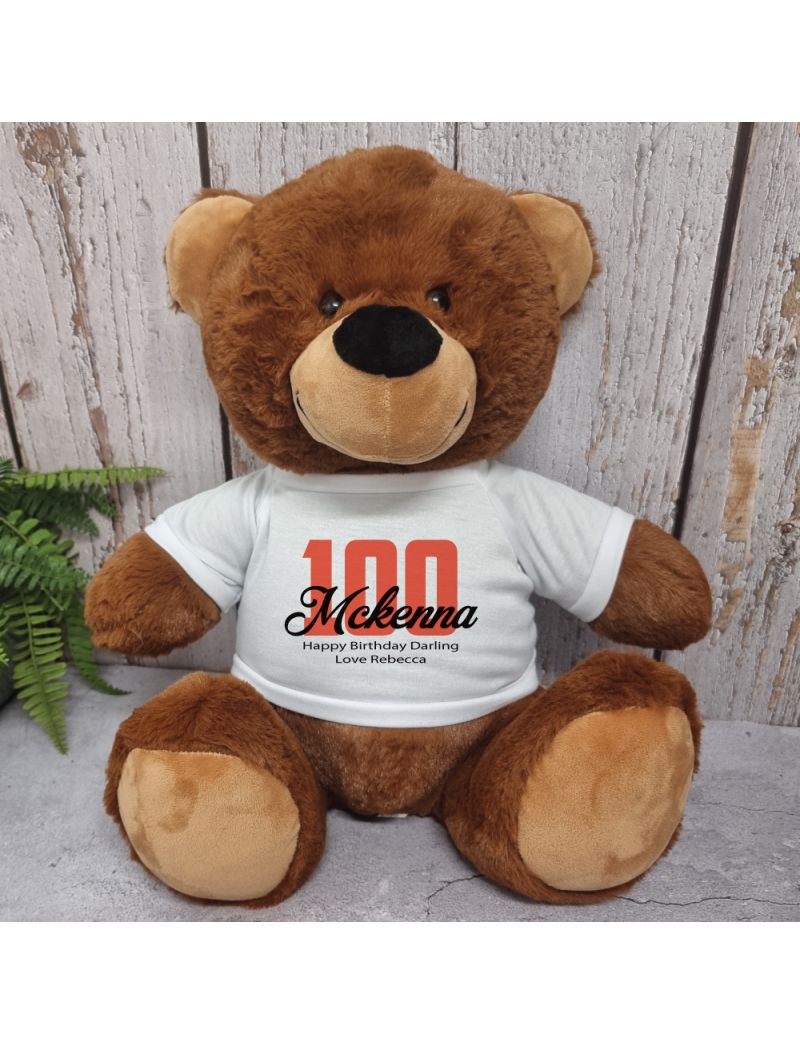 100th Birthday Personalised Bear with T-Shirt - Brown 40cm