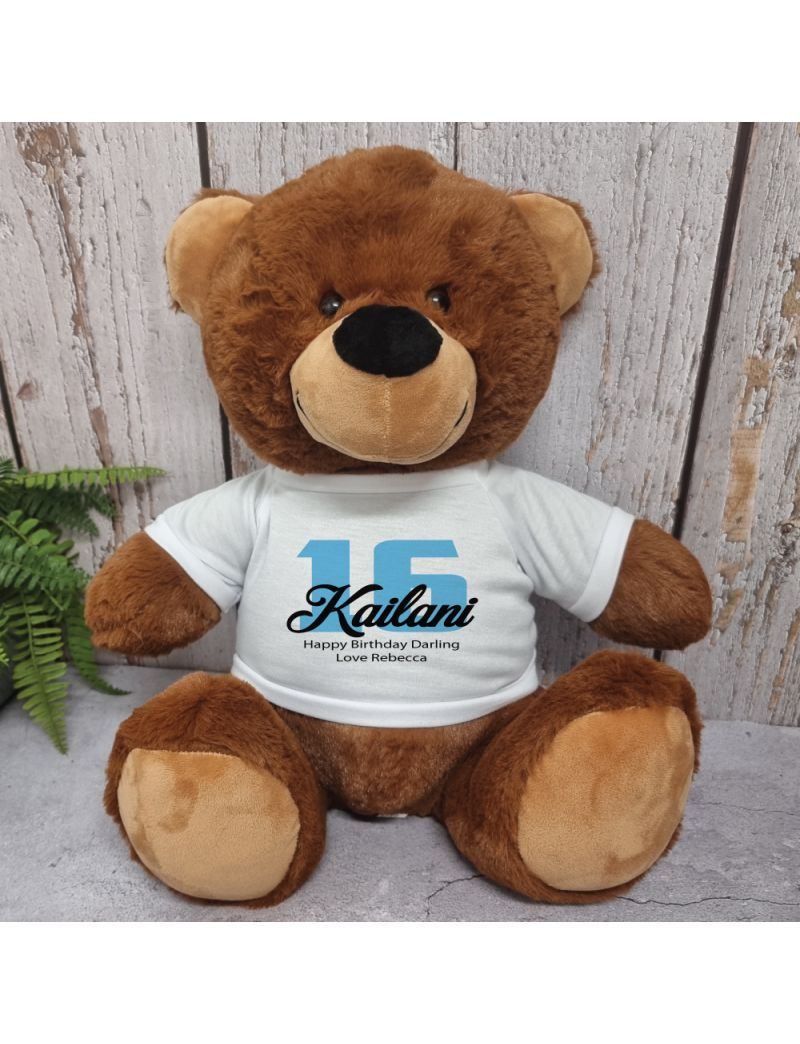 16th Birthday Personalised Bear with T-Shirt - Brown 40cm