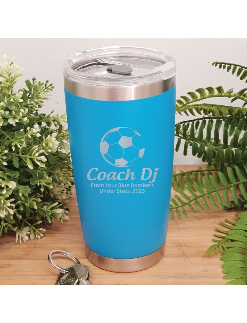 Soccer Coach Engraved Insulated Travel Mug 600ml Light Blue