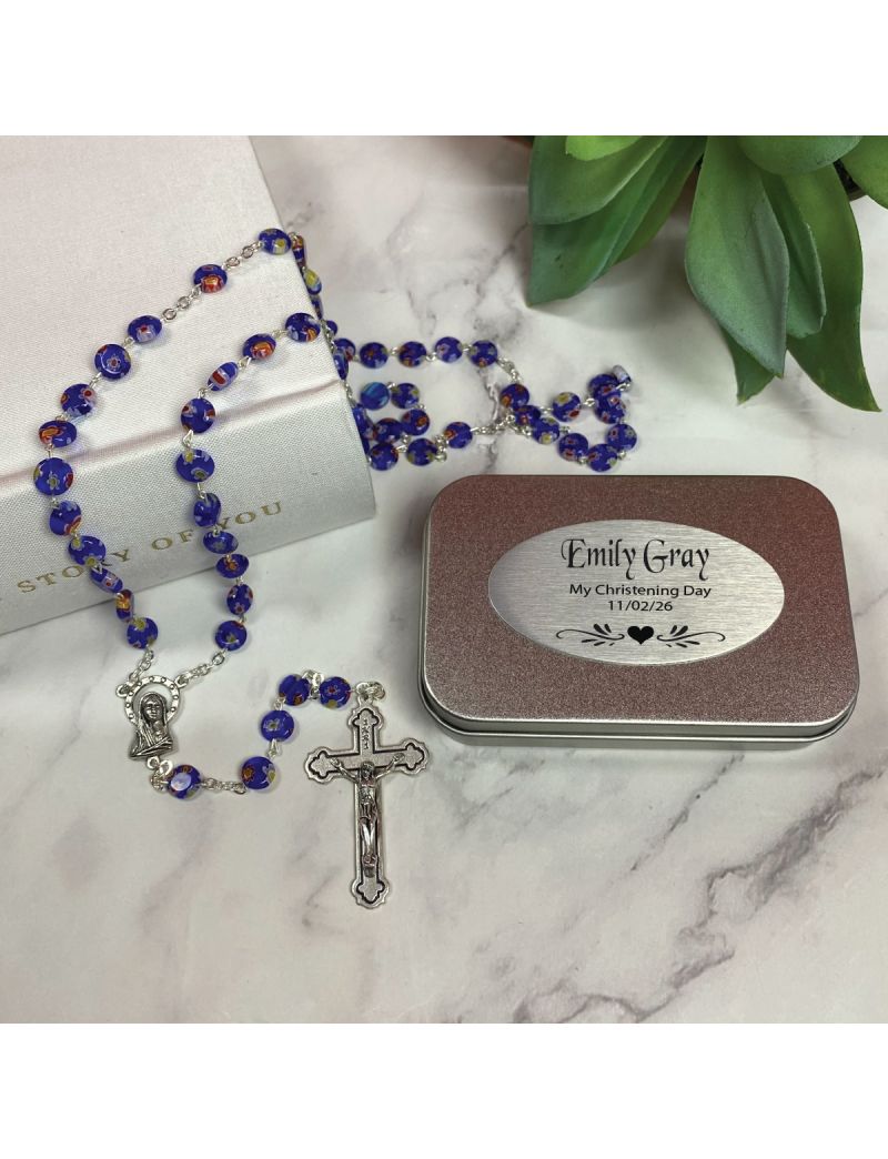 Christening Blue Murano Rosary Beads Personalised Tin