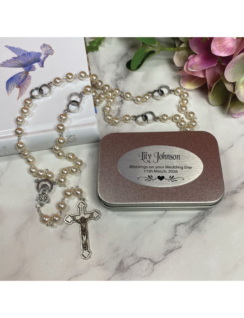 Pearl Rosary Beads Bridal Charm Personalised Tin