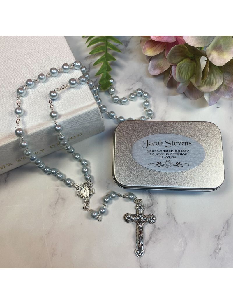 Christening Blue Pearl Rosary Beads Personalised Tin