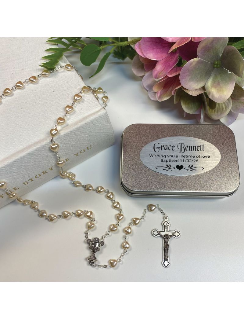 Heart Pearl Rosary Beads in Baptism Tin