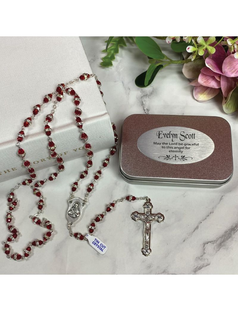 Red Diamante Rosary Beads Personalised Tin