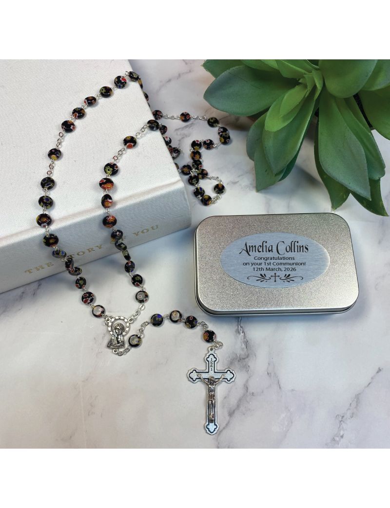 Black Murano Holy Communion Rosary Beads Personalised Tin