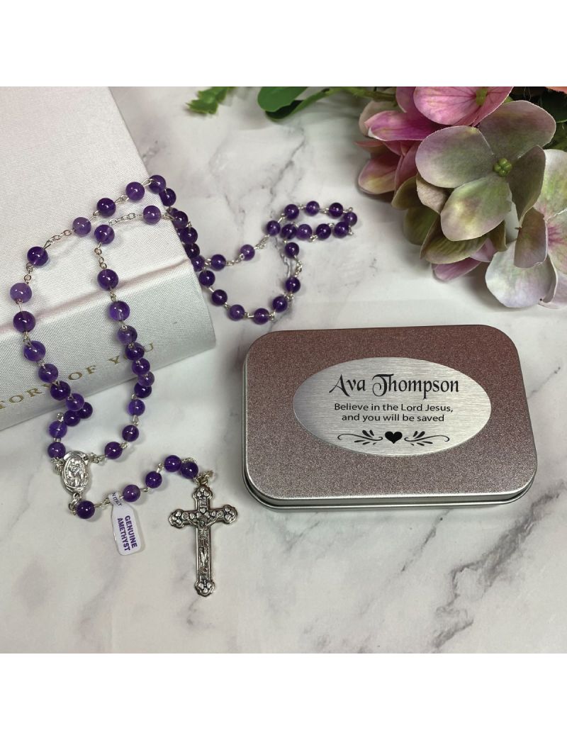 Amethyst Rosary Beads Personalised Tin