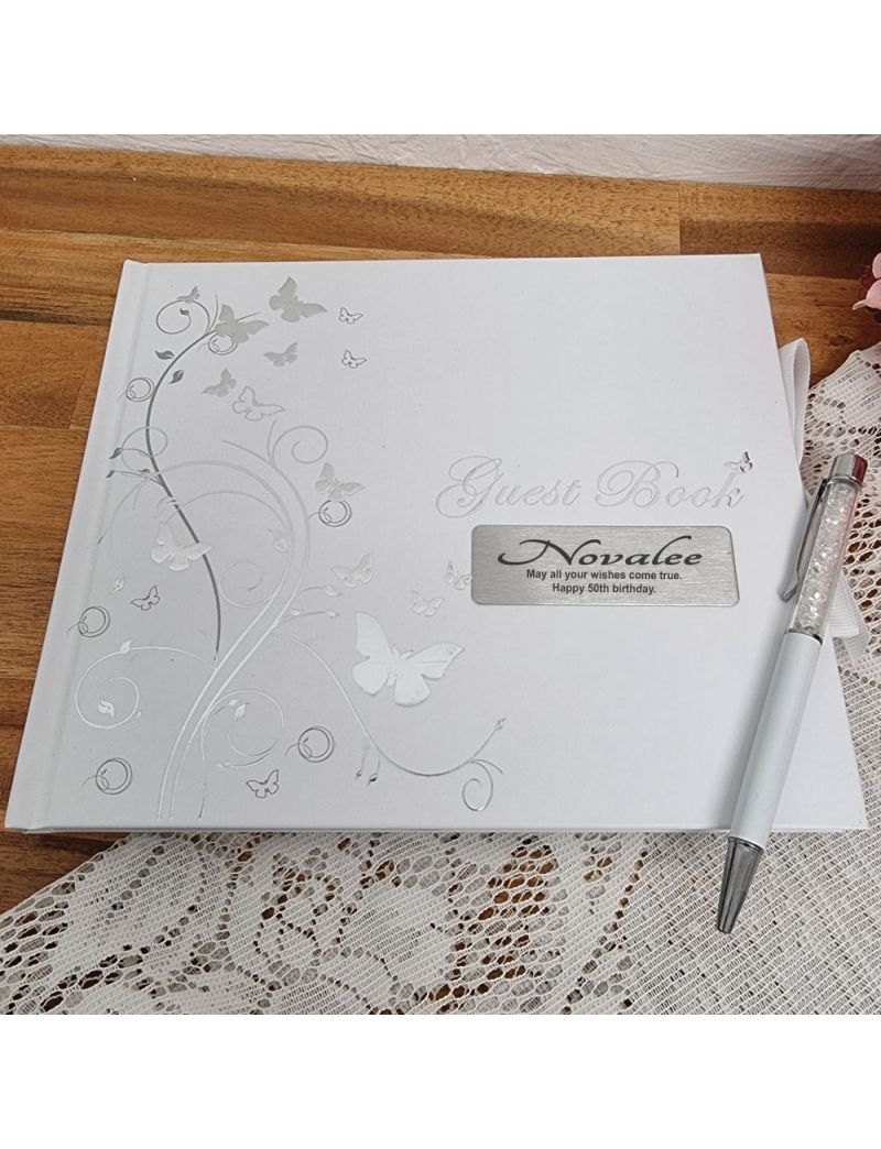 50th Birthday Personalised Guest Book White Silver Butterfly