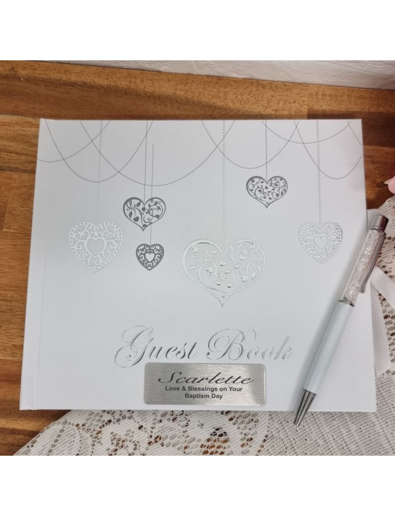 Baptism Guest Book White Silver Hearts