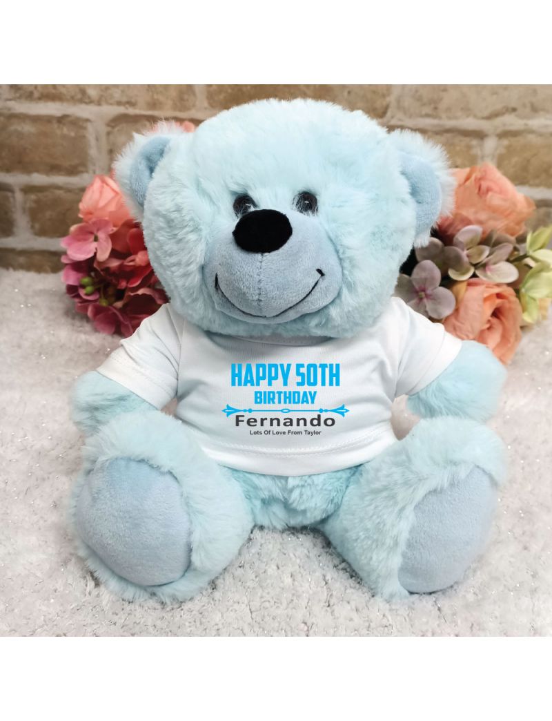 Personalised 50th Birthday Bear Light Blue Plush