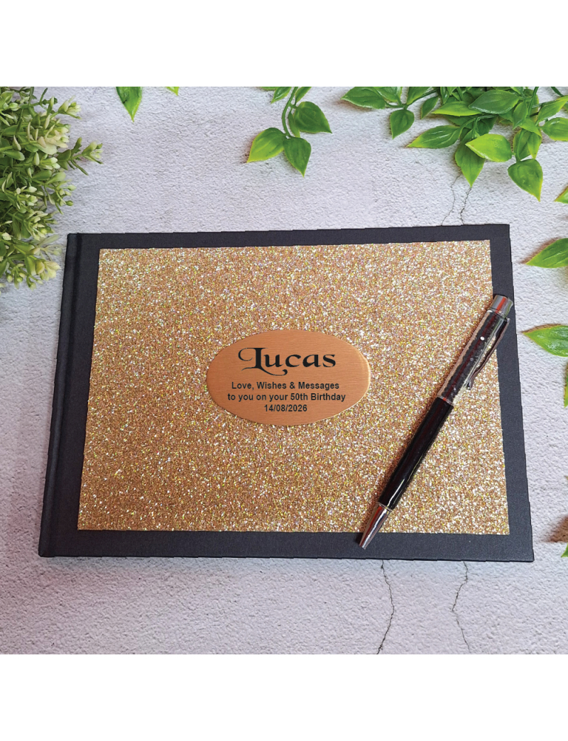 50th Birthday Guest Book Album Gold Glitter & Pen