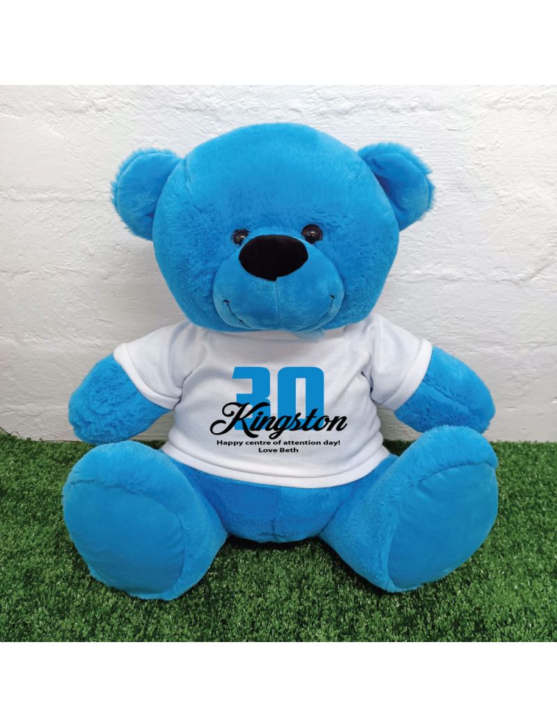 30th Birthday Personalised Bear with T-Shirt - Blue  40cm