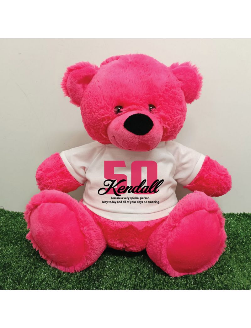 50th Birthday Personalised Bear with T-Shirt - Hot Pink 40cm
