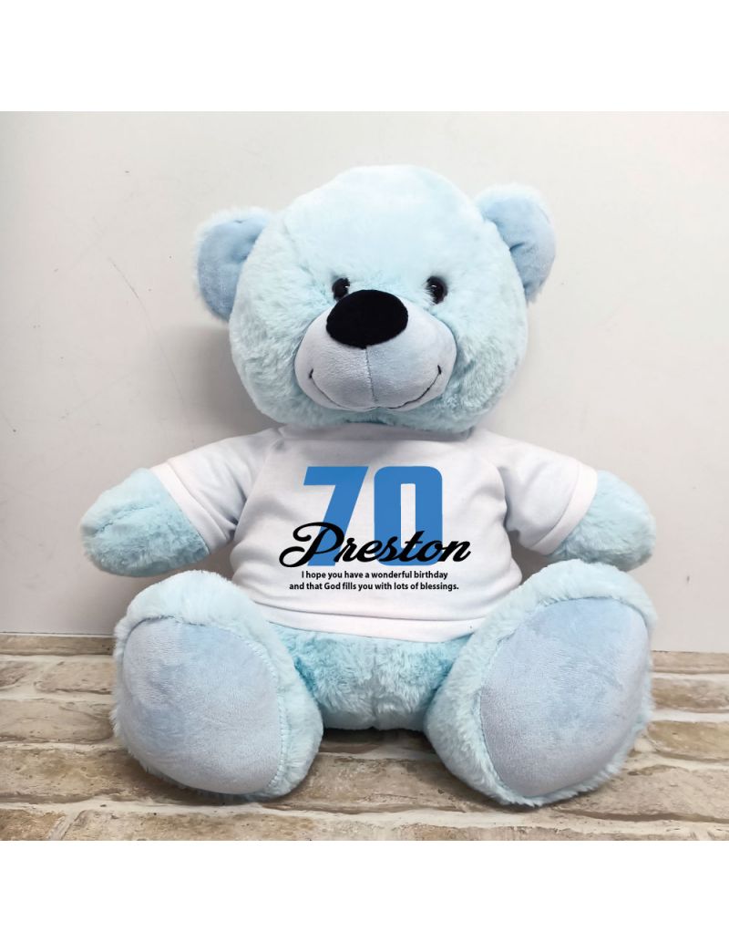 70th Birthday Personalised Bear with T-Shirt - Light Blue 40cm