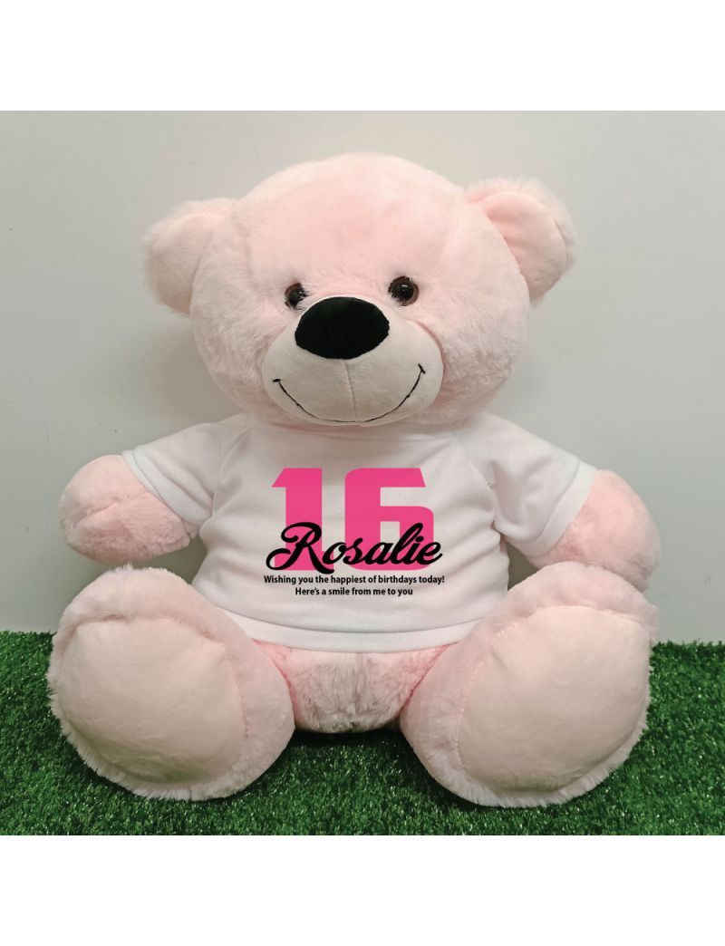 16th Birthday Personalised Bear with T-Shirt - Light Pink 40cm