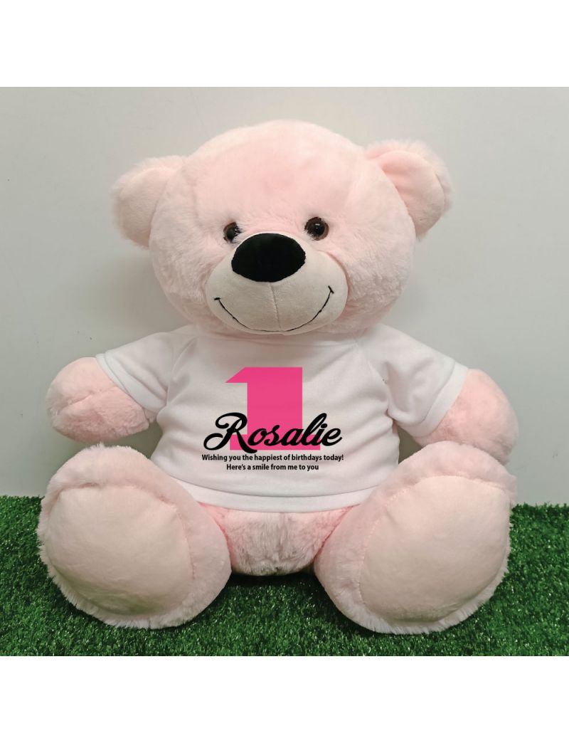 1st Birthday Personalised Bear with T-Shirt - Light Pink 40cm