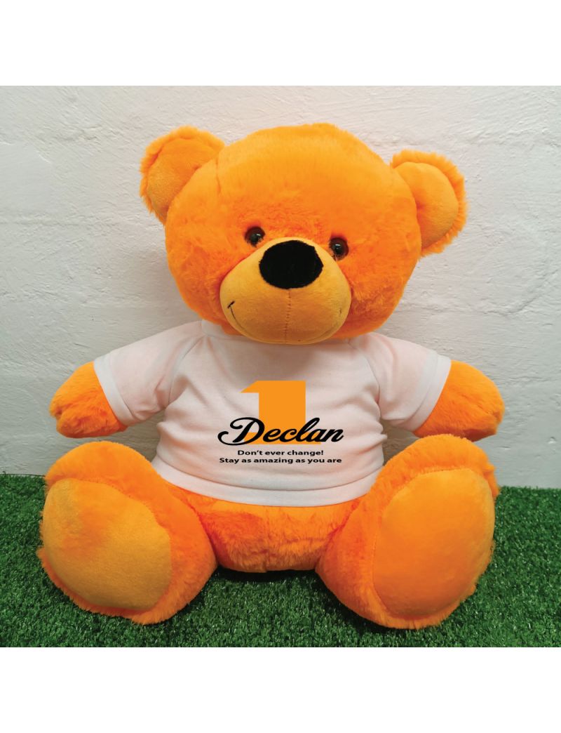 1st Birthday Personalised Bear with T-Shirt - Orange 40cm