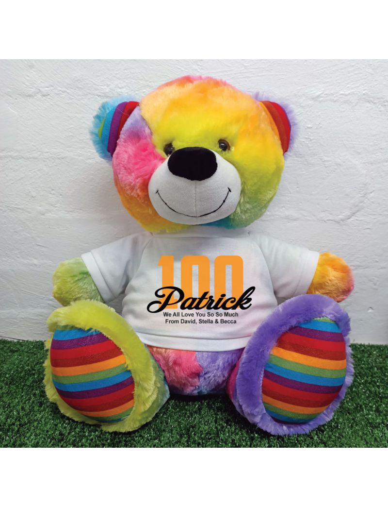 100th Birthday Personalised Bear with T-Shirt - Rainbow  40cm
