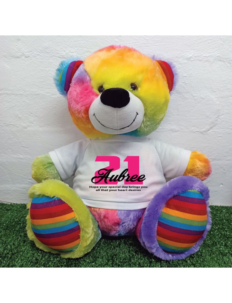21st Birthday Personalised Bear with T-Shirt - Rainbow  40cm