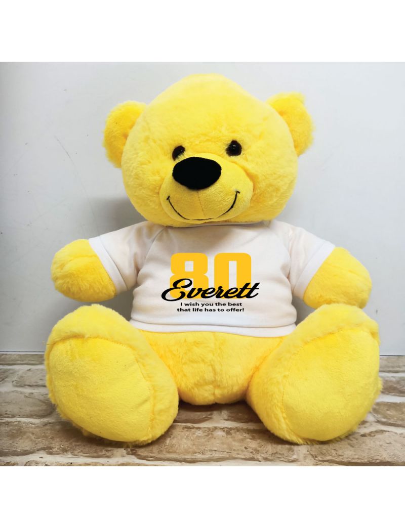 80th Birthday Personalised Bear with T-Shirt - Yellow 40cm