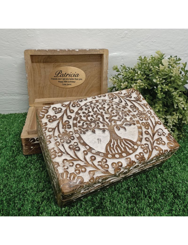 90th Birthday Tree Of Life Boho Carved Wooden Box