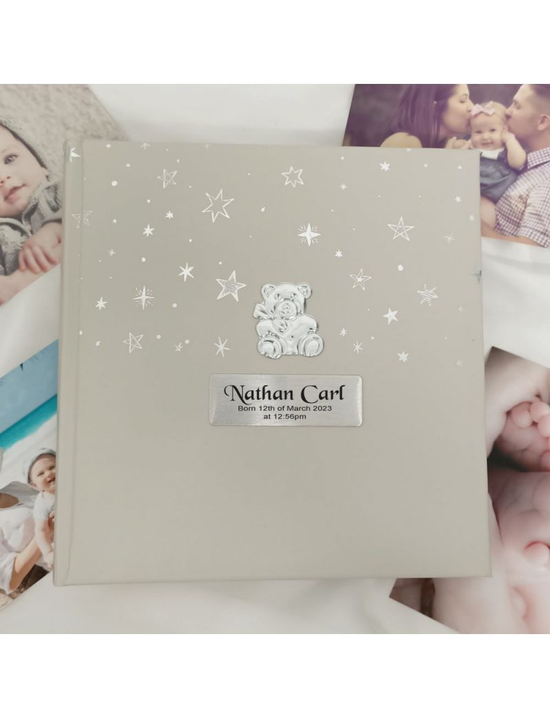 Personalised Baby Photo Album 200  - Silver Teddy