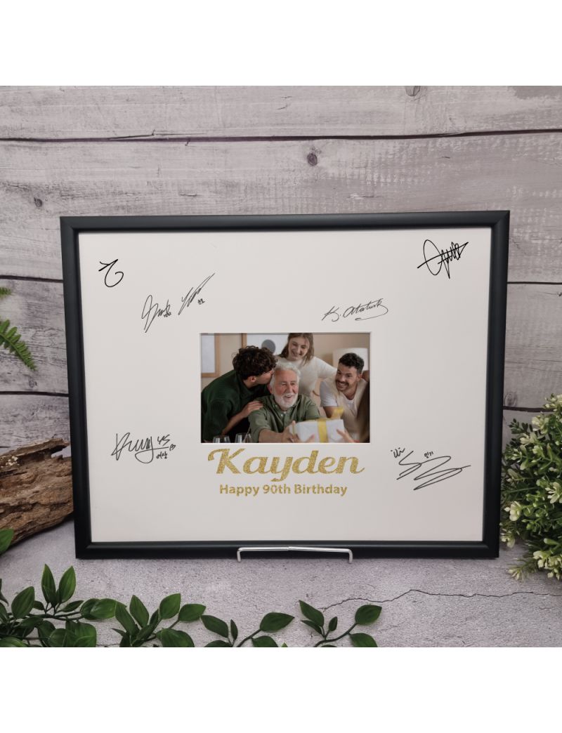 90th Birthday Signature Frame Black Glitter 4x6 Photo