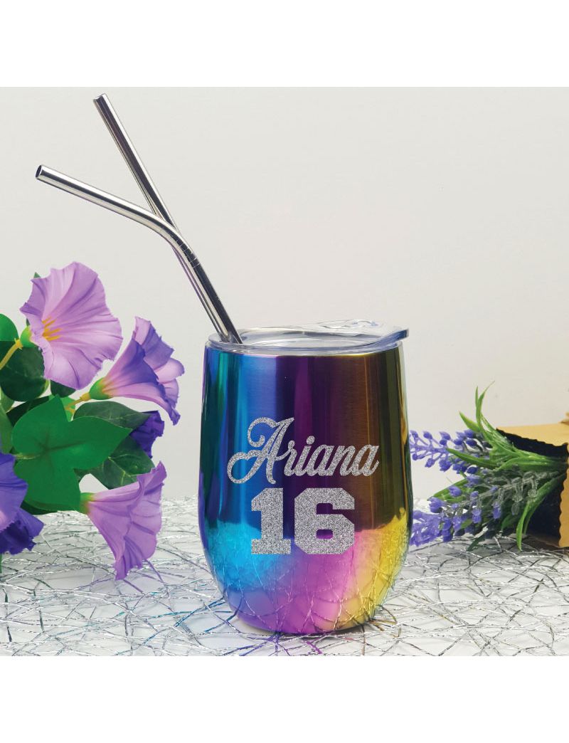 16th Birthday Rainbow Tumbler Stemless Wine Glass
