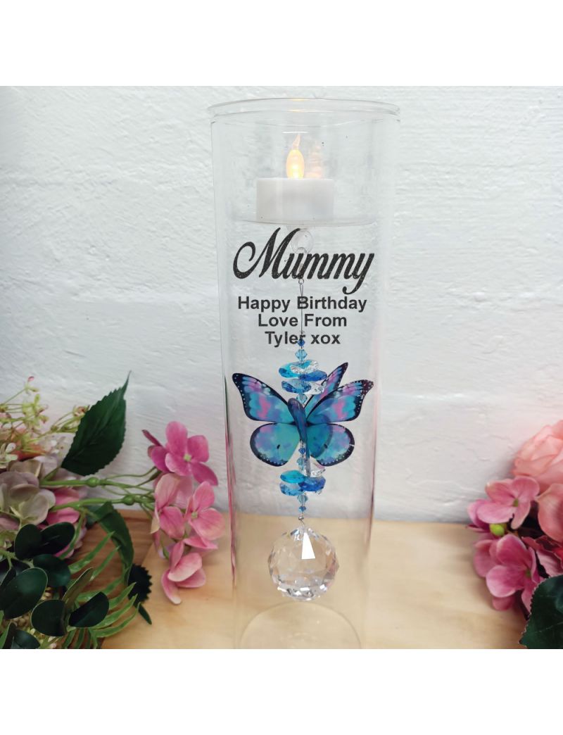 Mum Birthday Glass Candle Holder Blue Butterfly