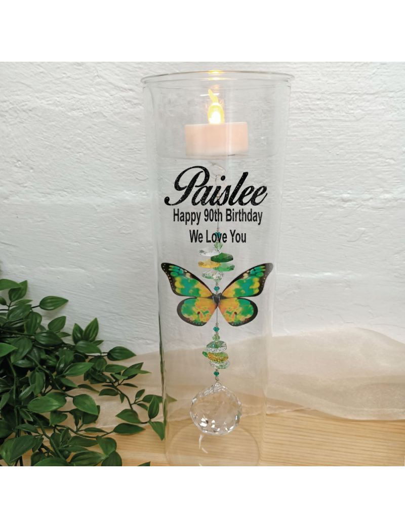 90th Birthday Glass Candle Holder Green Butterfly