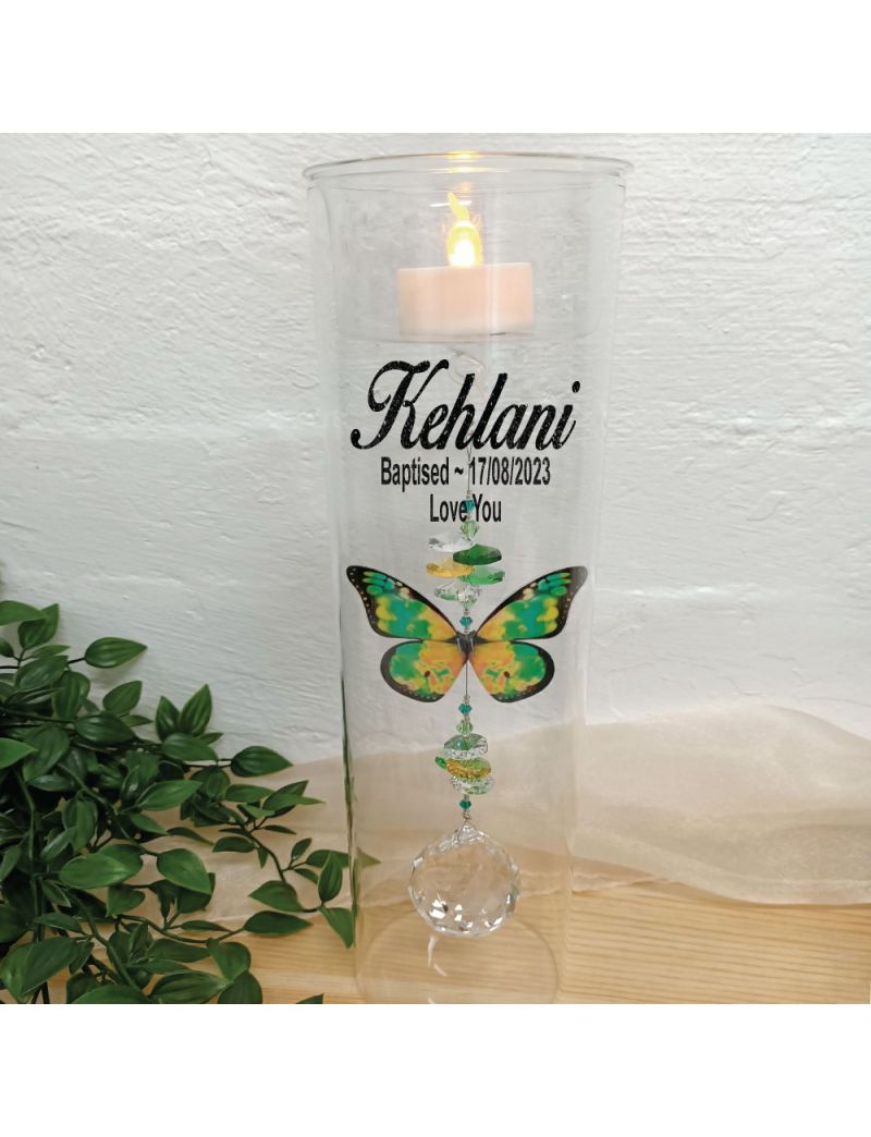 Baptism Glass Candle Holder Green Butterfly