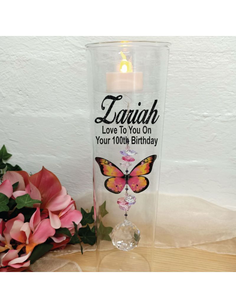 100th Birthday Glass Candle Holder Pink Butterfly