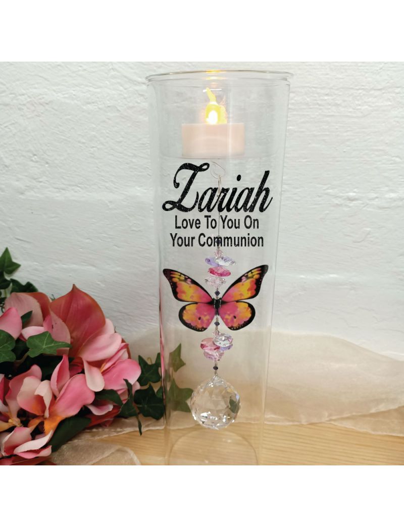 1st Communion Glass Candle Holder Pink Butterfly