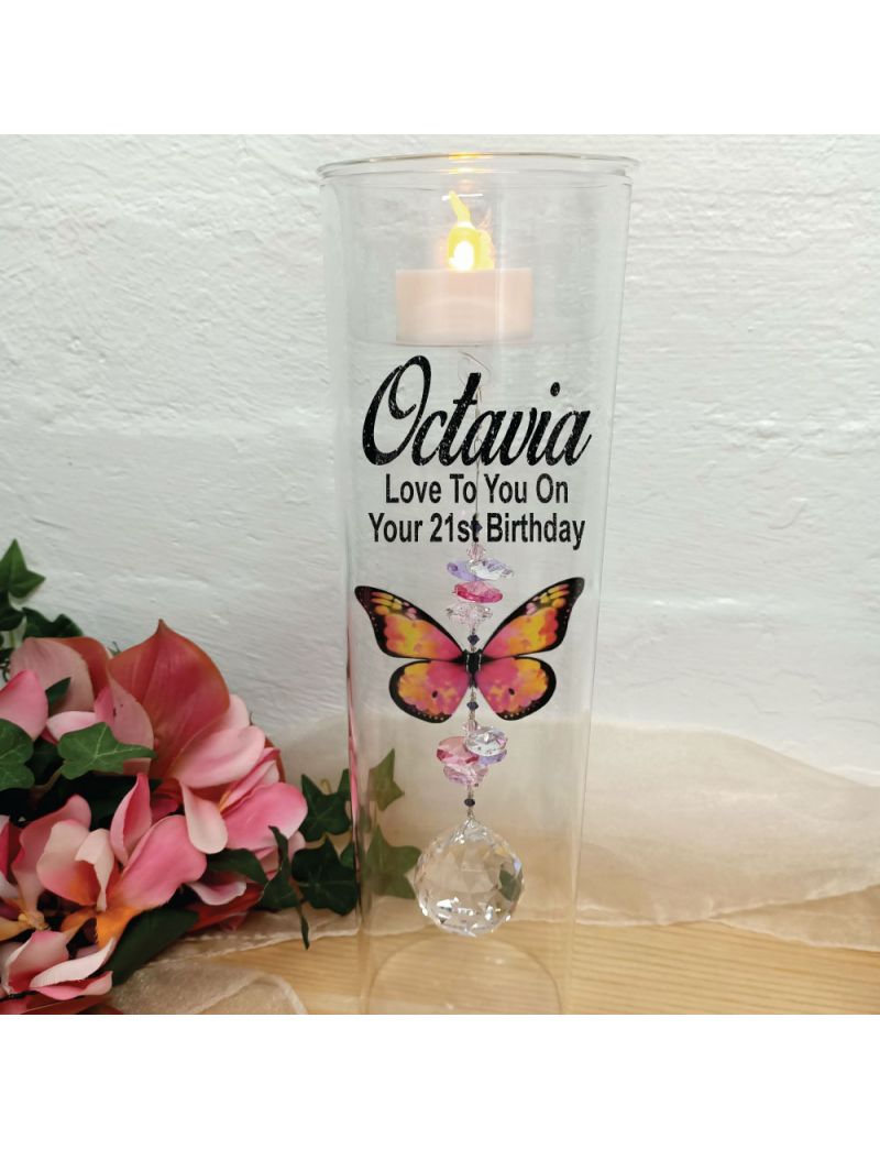 21st Birthday Glass Candle Holder Pink Butterfly