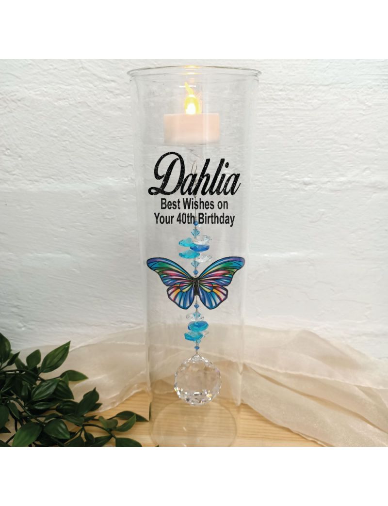 40th Birthday Glass Candle Holder Blue Stripe Butterfly
