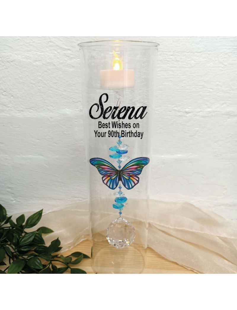 90th Birthday Glass Candle Holder Blue Stripe Butterfly