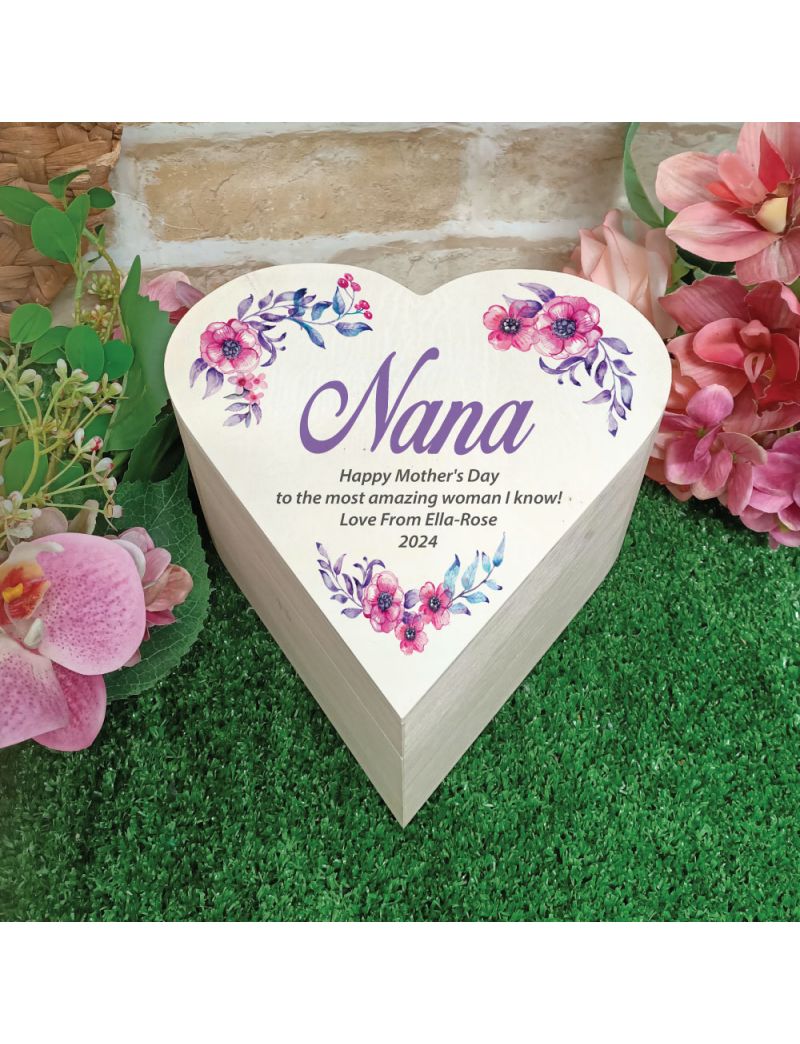 Nana Wooden Heart Gift Box - Watercolour Floral
