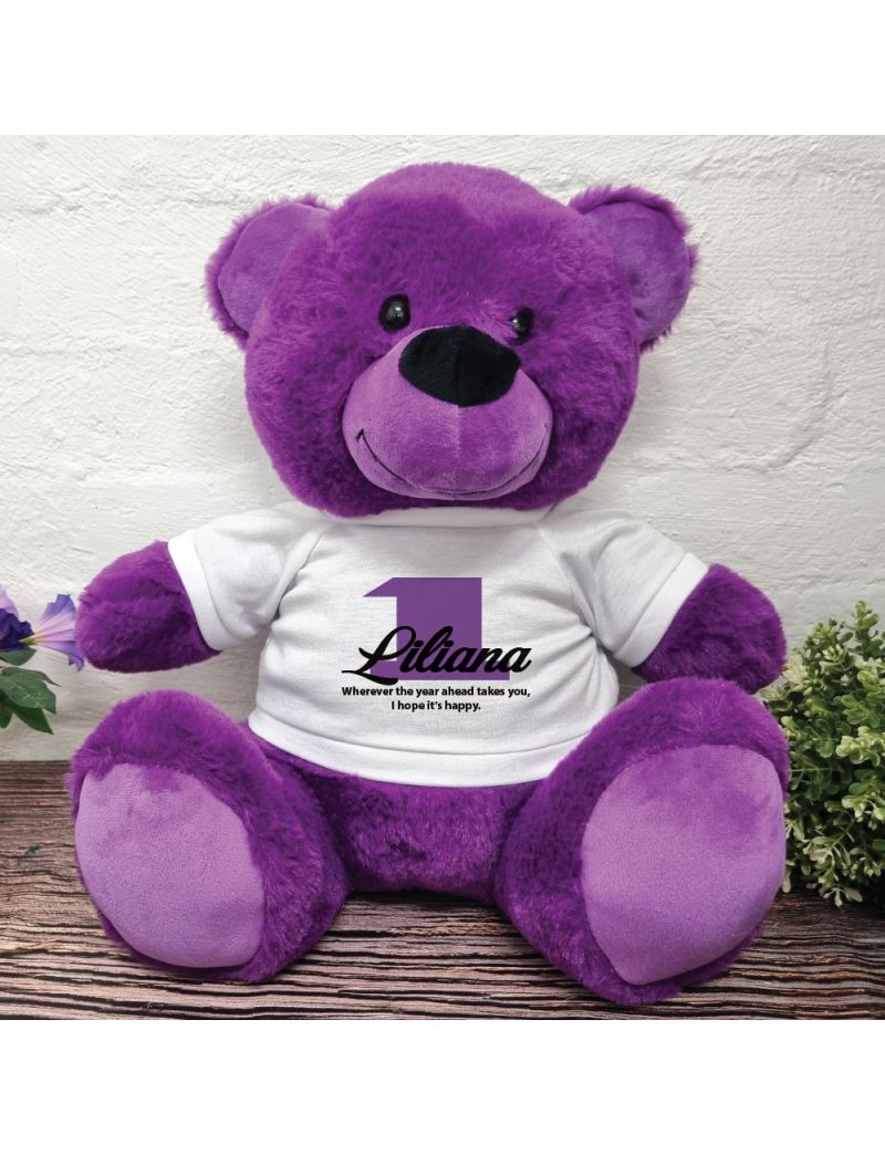 1st Birthday Personalised Bear with T-Shirt Purple 40cm