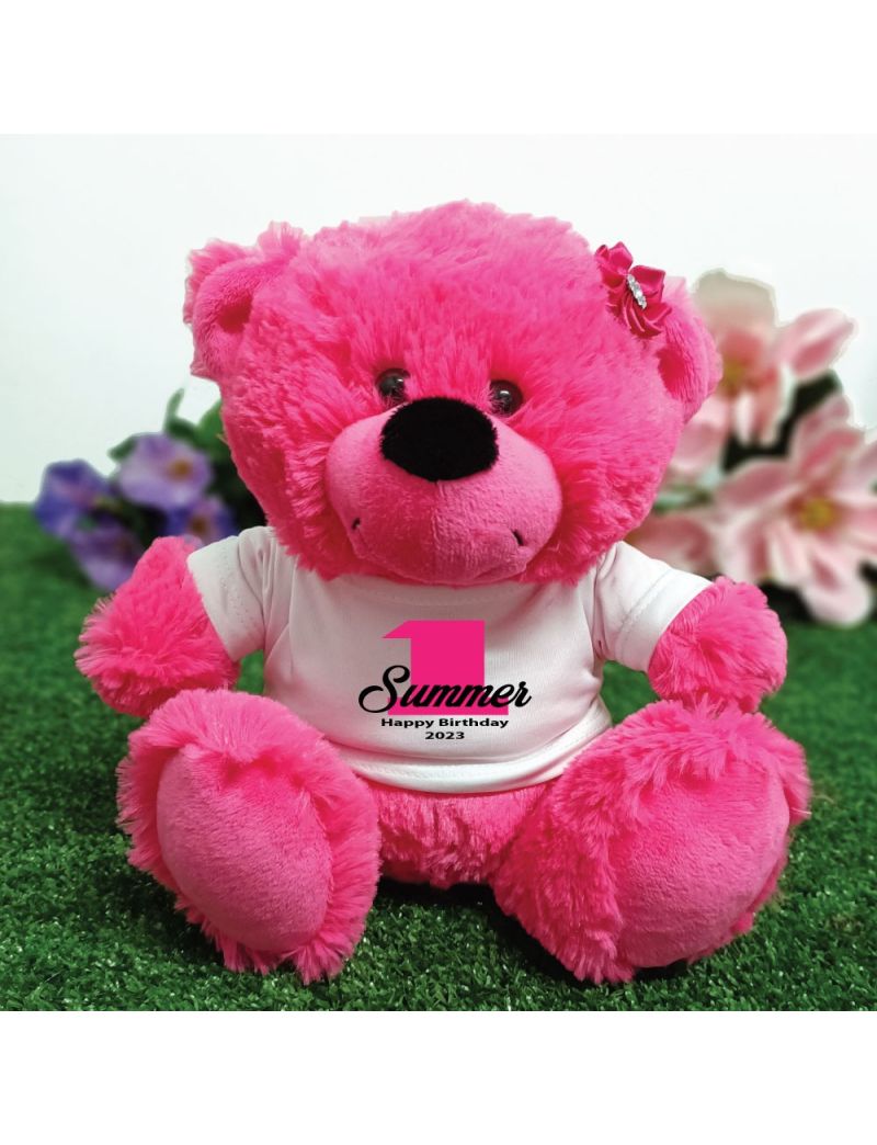 1st Birthday Personalised Bear Hot Pink Plush