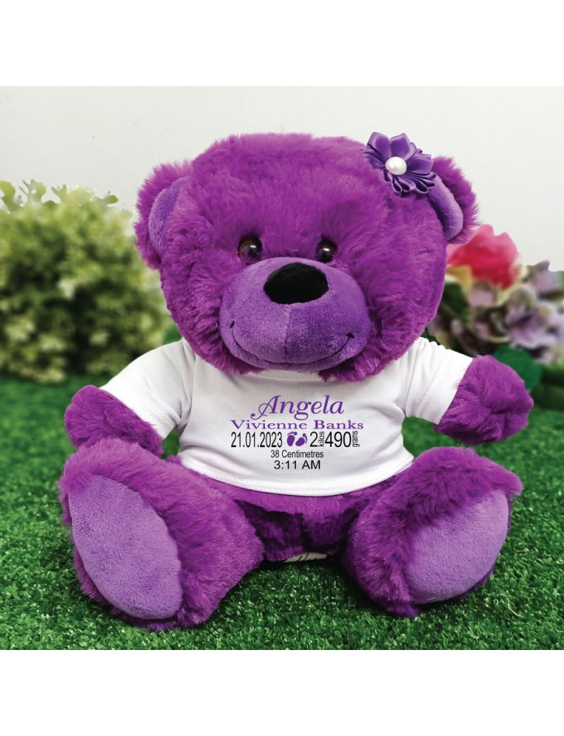 Personalised Baby Birth Details Teddy Bear Purple