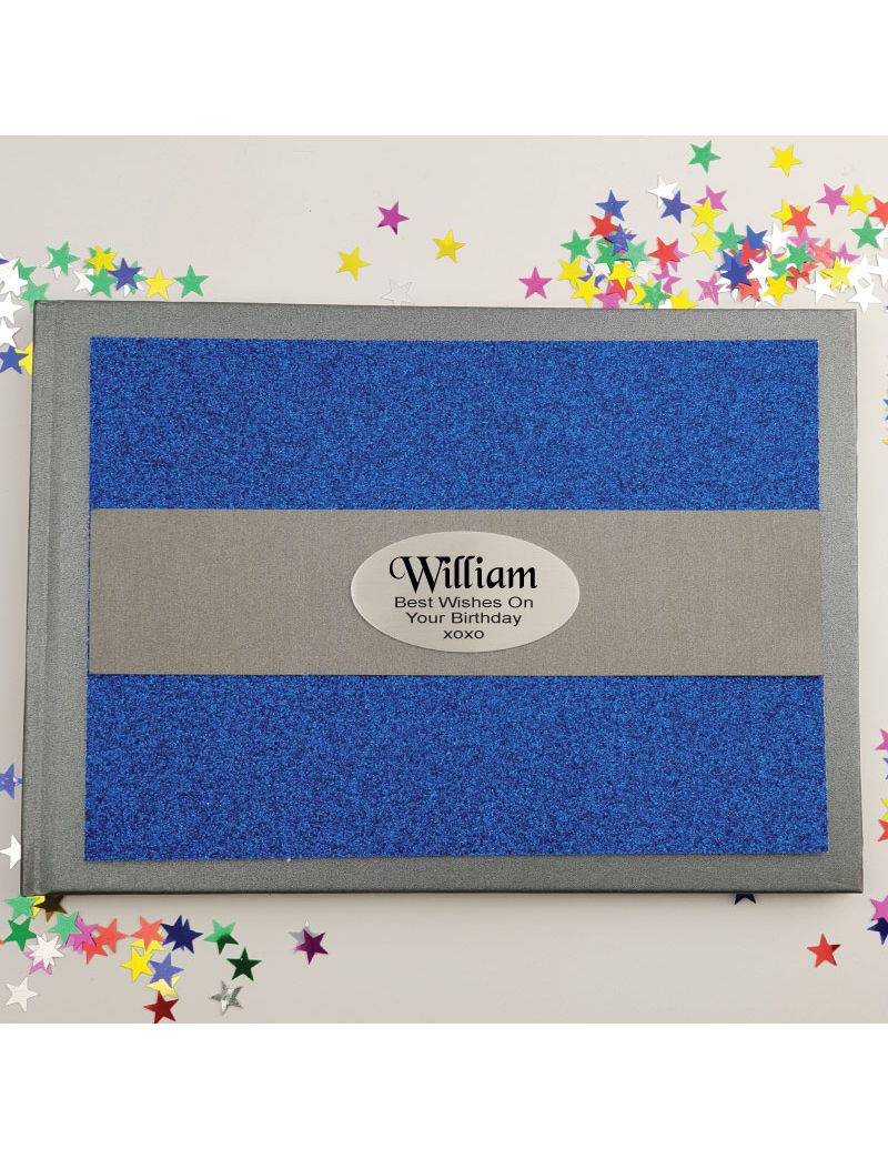 Birthday Personalised  Glitter Guest Book- Blue