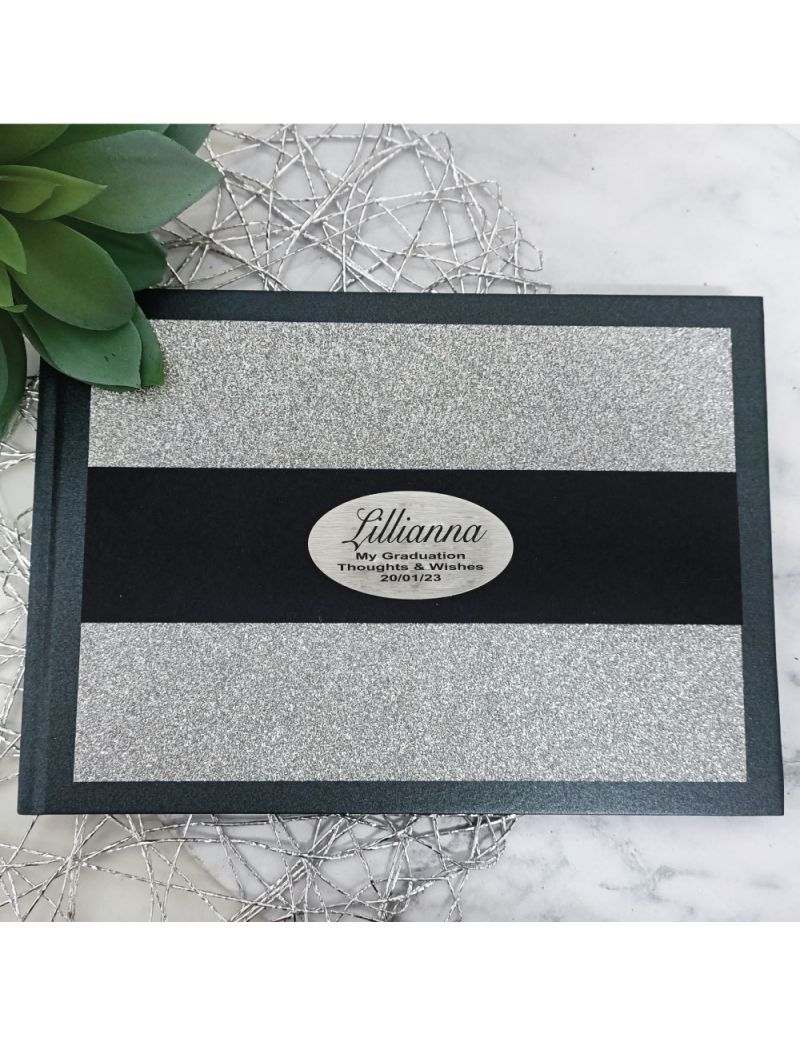 Graduation Guest Book Black Album Silver Glitter