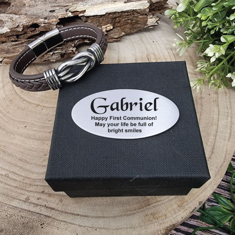 Brown Leather Knot Bracelet  In Communion Box