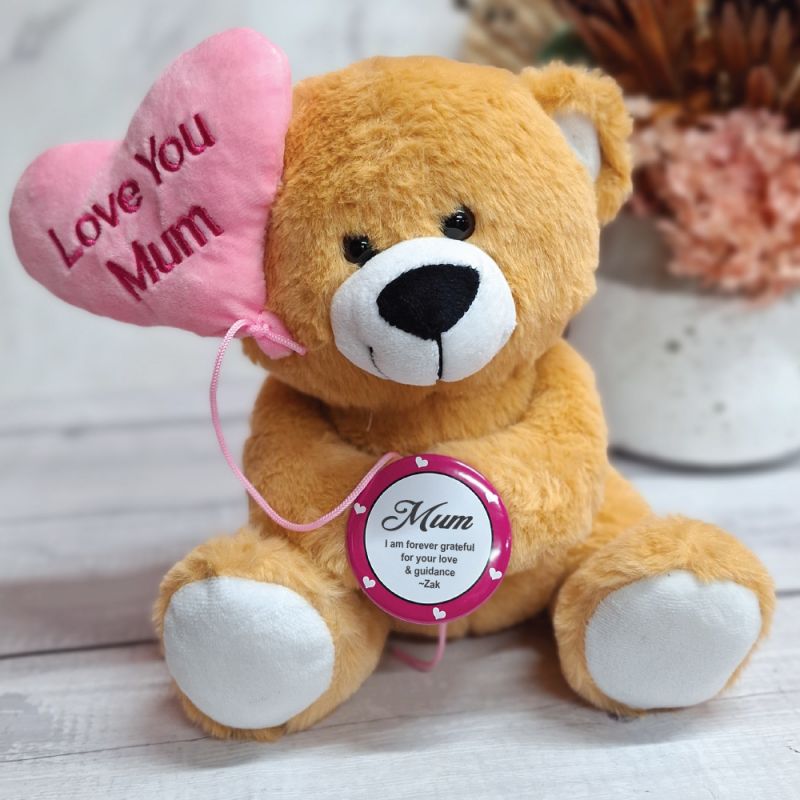 Mum Bear With Personalised Badge & Balloon