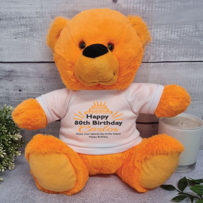80th Birthday Personalised Bear Orange Plush 30cm
