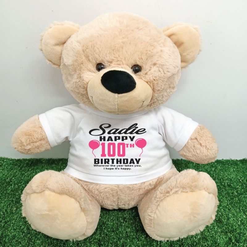 100th Birthday T-Shirt Teddy Bear Cream 40cm