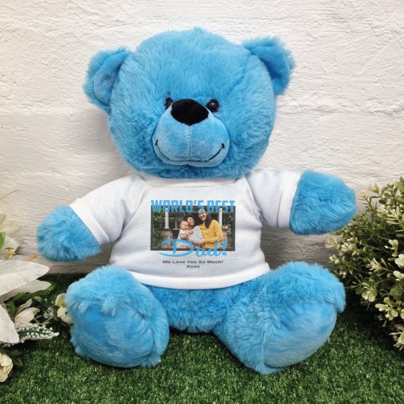 Worlds Best Dad Photo Bear Bright Blue 30cm